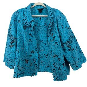 Silkland Woman Plus Size 3X Jacket Turquoise Black Floral Eyelet Embroidered Art